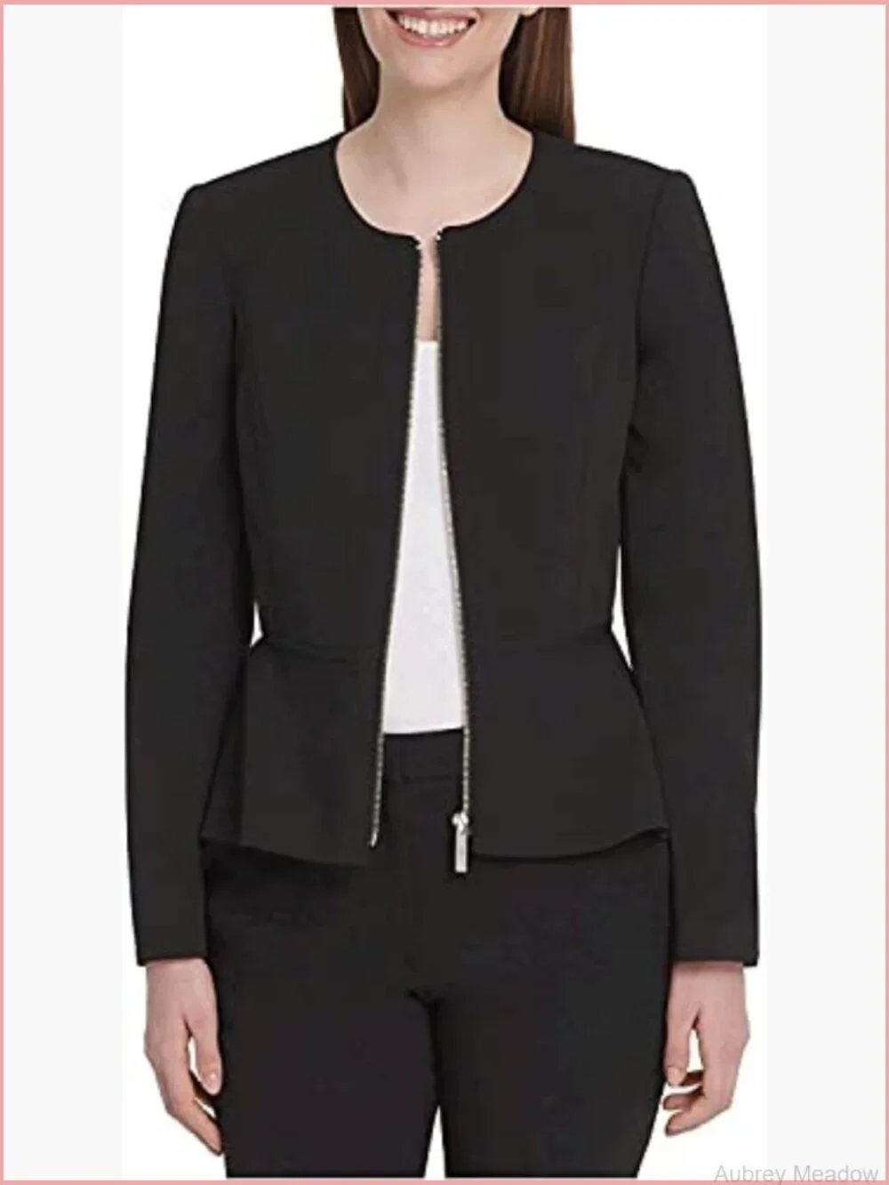 Peplum Zip Front Blazer Jacket Business Casual Long Sleeve Collarless
